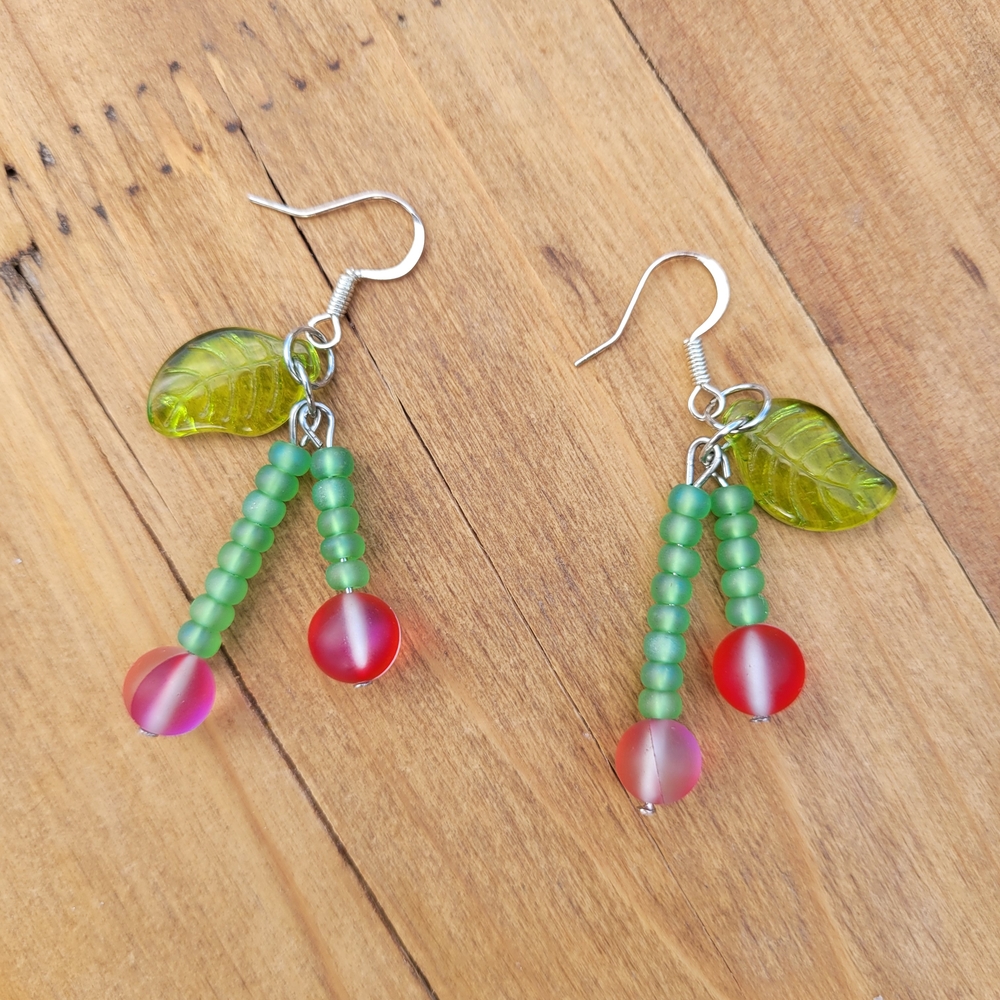 Cherry Leaf Beaded Earrings Handmade